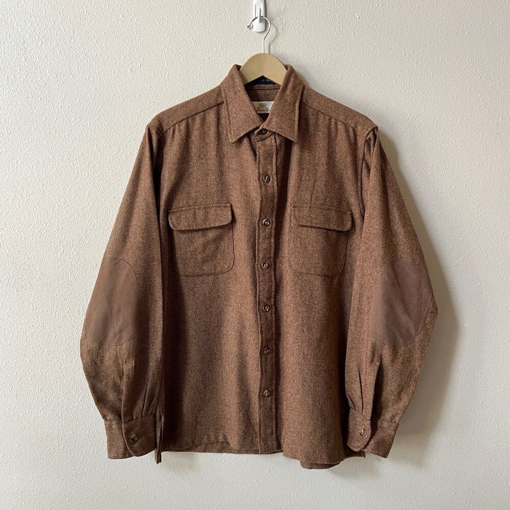 Vintage Countess Mara Wool Herringbone Shirt Jacket Mens L Suede Elbow Patch 70s